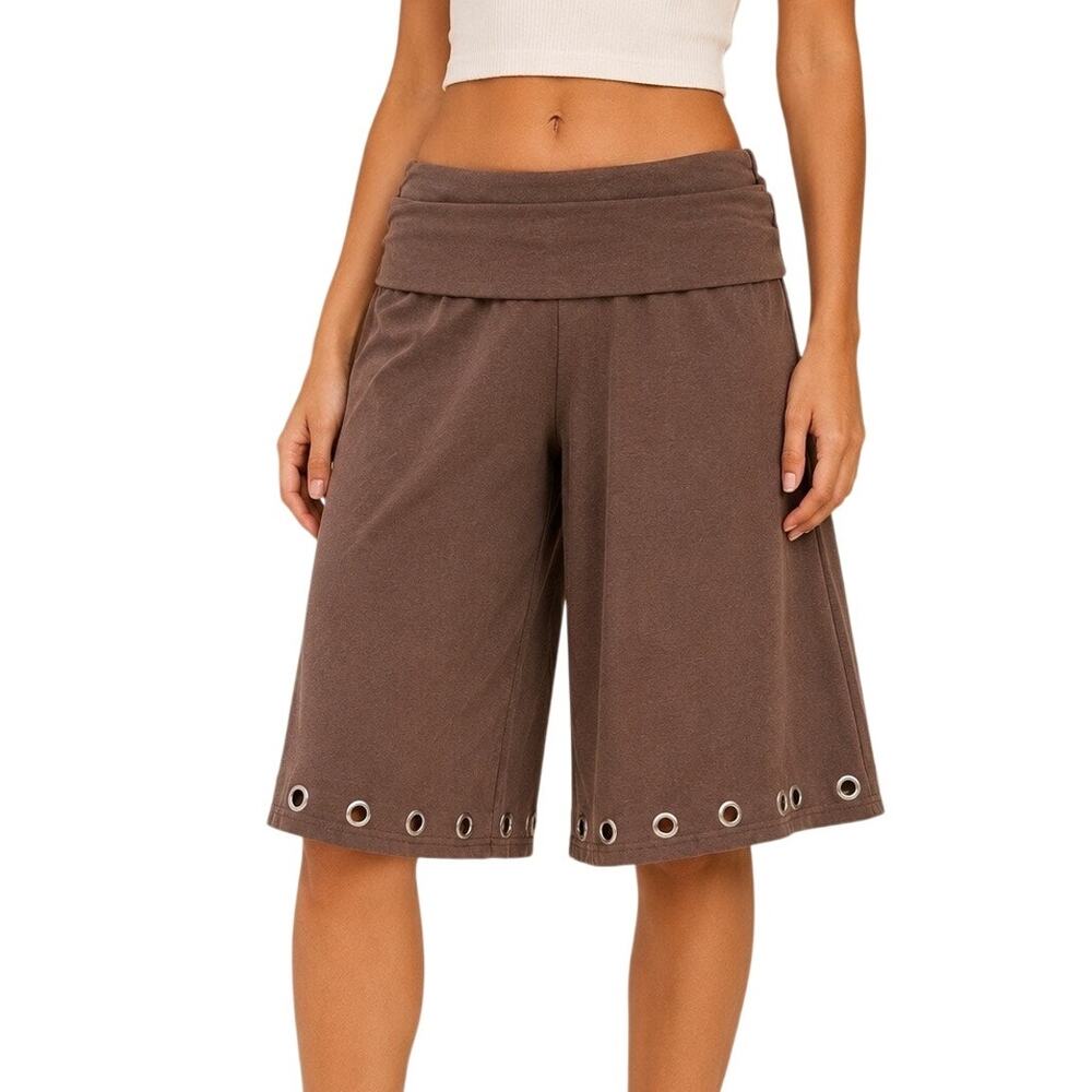 Y2k Foldover Waist Grommet Eyelet Knee Length Shorts Brown